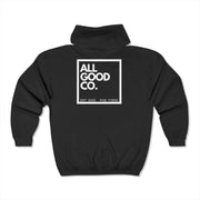 Black All Good Co. Classic Zip Hoodie with the classic All Good Co. logo on the back, offering a timeless and versatile look.