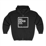 Black All Good Co. Classic Zip Hoodie with the classic All Good Co. logo on the front, offering a timeless and versatile look.
