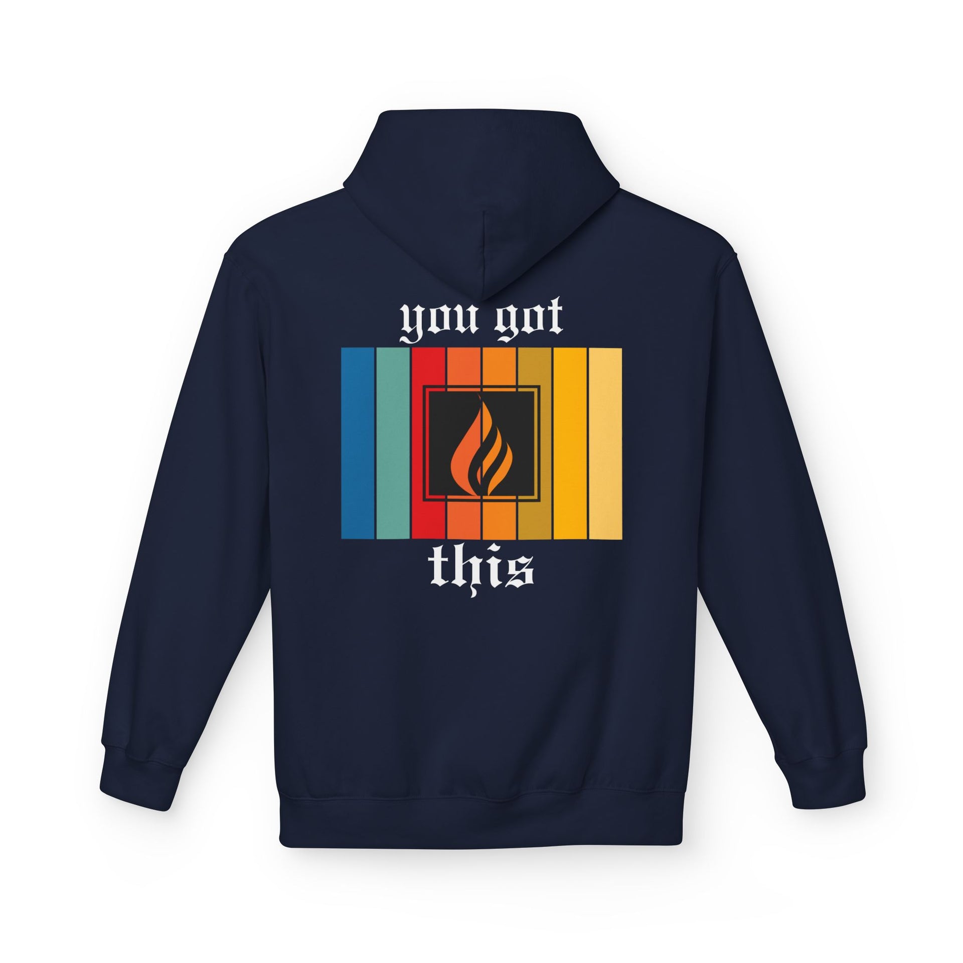 Back of the black fleece hoodie featuring the All Good Co. flame logo, a bold colorful design, and the empowering tagline 'You Got This' to inspire confidence and perseverance.